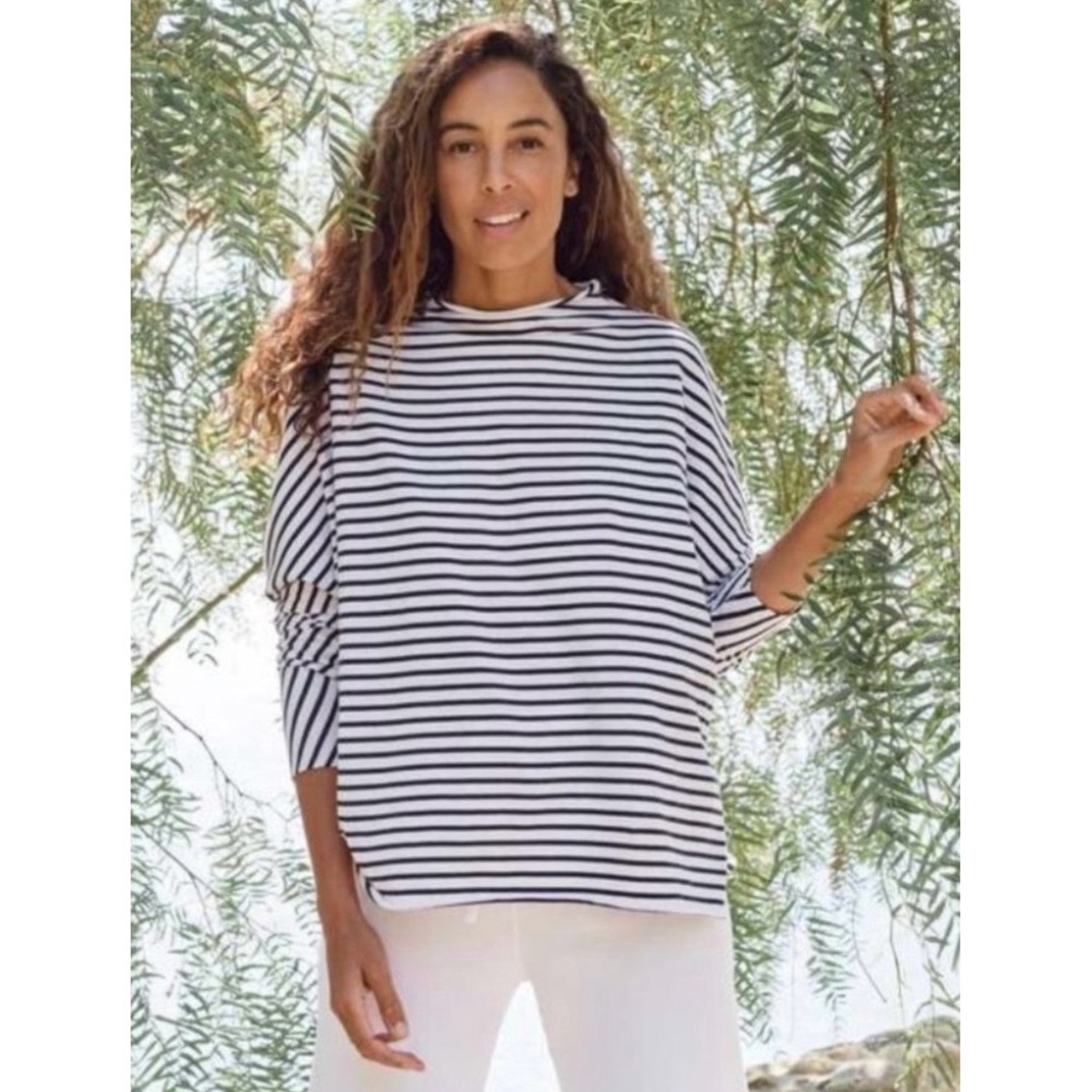 Frank and Eileen HERITAGE JERSEY Striped Mock Neck Top Navy White Cotton Large